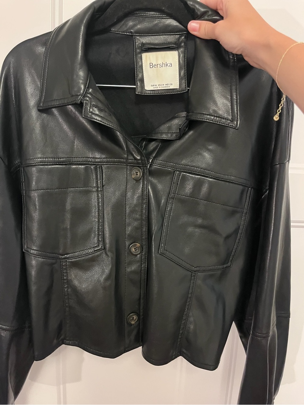 Bershka Black Faux Leather Button-Up Jacket